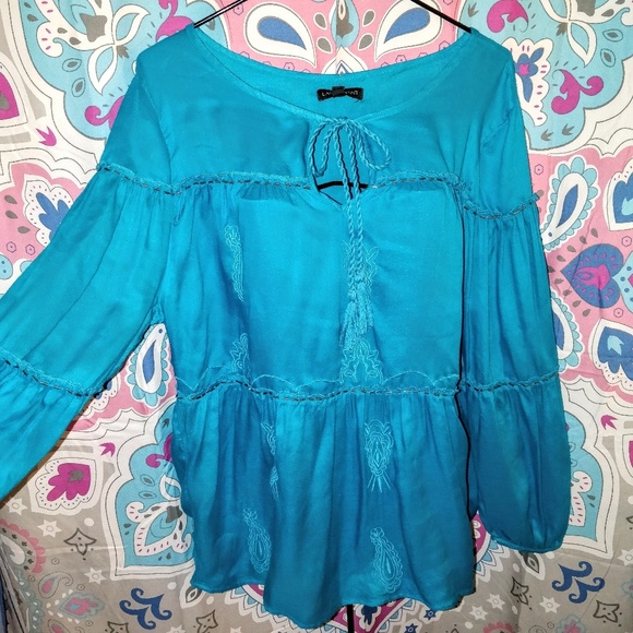 Lane Bryant 14 16 1X Aqua Embroidered Peasant Top NEW NWT Boho Shirt Blouse - Picture 2 of 8